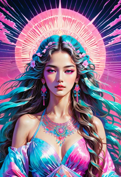 A surprisingly sacred goddess is depicted, Charming and seductive, flowing long hair, Shiny hair and enchanting beauty, glossy eyes, wearing an elaborate and elegant dress, (((Vaporwave aesthetic style:1.3))), Embodying the essence of the background of psy...