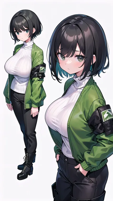 1 girl, ((Green flight jacket、White turtleneck sweater、black pants、boots)), huge breasts, black hair, short hair, straight hair, black eyes ,((white background)), ((whole body,Expressionless))、((facing forward、Standing picture))