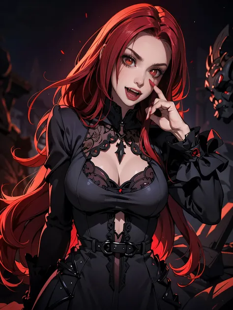 High vampire female, goth Renaissance, red hair, long hair, intricate, dark dress, glowing eyes, fantastical, vampire, fangs, hyper detailed, 32k resolution, volumetric lighting, hyper detailed, intricately detailed, Unreal Engine 5, volumetric lighting