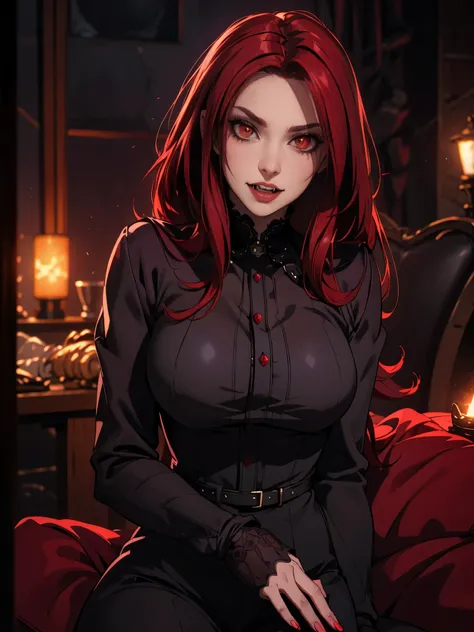 high vampire female, goth renaissance, red hair, long hair, intricate, dark dress, glowing eyes, fantastical, vampire, fangs, hy...