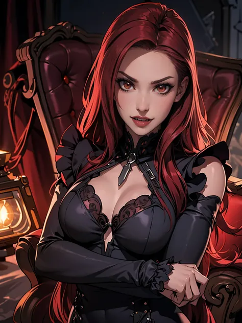 High vampire female, goth Renaissance, red hair, long hair, intricate, dark dress, glowing eyes, fantastical, vampire, fangs, hyper detailed, 32k resolution, volumetric lighting, hyper detailed, intricately detailed, Unreal Engine 5, volumetric lighting