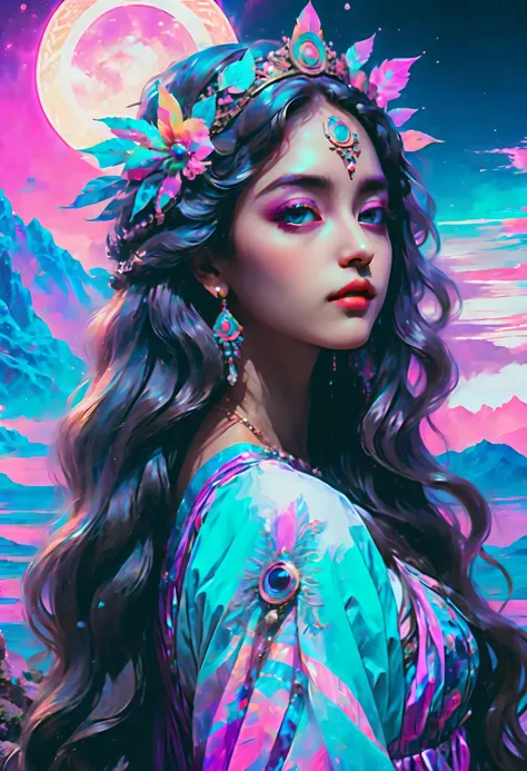 goddess profile, long hair, beautiful big eyes, wear an elaborate dress, vaporwave aesthetic style, psychedelic trance, vaporwave aesthetic background, High resolution,