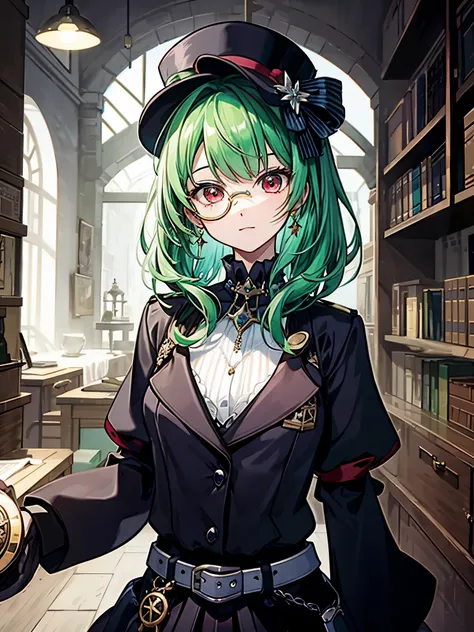(((masterpiece、Highest image quality、highest quality、highly detailed unity 8kwallpaper)))、((Illustration of one girl、upper body))、(((beautiful girl)))、(librarian)、(Emerald green hair、messy hair、sidelocks:1.2、red eyes、crazy smile)、(((flat chest)))、(((monocl...