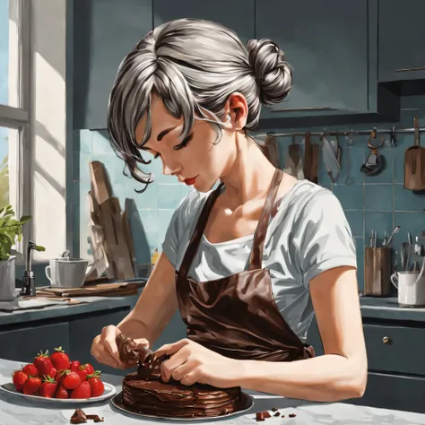 girl making homemade chocolate cake in the kitchen, gray hair, bun hair, short hair, wavy hair, hair scarf, pop art, hyper reali...