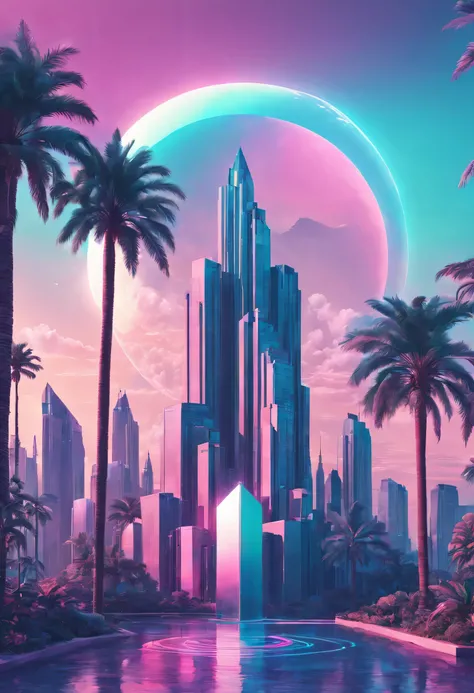 vaporwave aesthetics, psychedelic atmosphere, retro charm, dream nature, The splendor of Art Deco, Synthwave Palette, Soft neon glow, dreamlike surrealism, Soft focus cityscape, Geometric patterns, chrome decoration, 80s nostalgia, statuesque elegance, int...