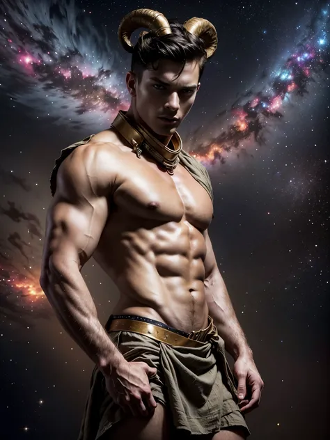 Photorealistic, ((best quality)), ((masterpiece)), (detailed),masculine portrait of Aries, (wild sheep perfect horns:1.4 personificatioin of Aries, fully naked, nude, side view, muscule, ripped, strong body, fit body, 1boy, lava, volcano, constellations, m...