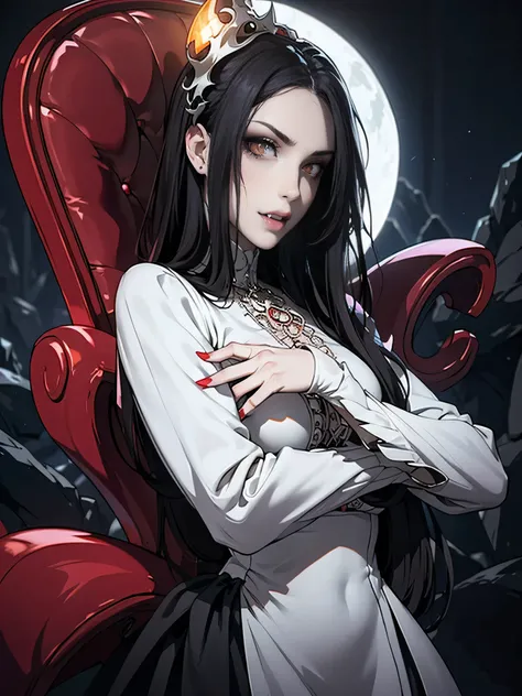 Pale face, High vampire female, goth Renaissance, Black hair, White dress, intricate, glowing eyes, fantastical, vampire, fangs, hyper detailed, 32k resolution, volumetric lighting, hyper detailed, intricately detailed, Unreal Engine 5, volumetric lighting