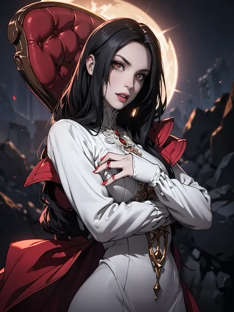 Pale face, High vampire female, goth Renaissance, Black hair, White dress, intricate, glowing eyes, fantastical, vampire, fangs, hyper detailed, 32k resolution, volumetric lighting, hyper detailed, intricately detailed, Unreal Engine 5, volumetric lighting