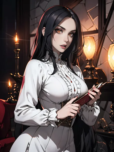 Pale face, High vampire female, goth Renaissance, Black hair, White dress, intricate, glowing eyes, fantastical, vampire, fangs, hyper detailed, 32k resolution, volumetric lighting, hyper detailed, intricately detailed, Unreal Engine 5, volumetric lighting