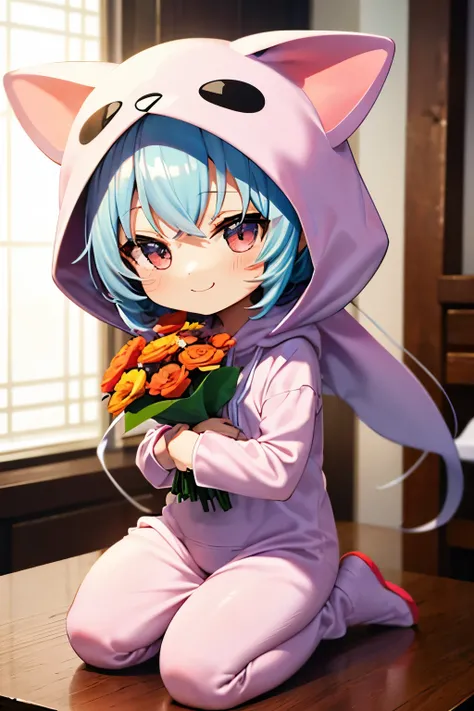 (Chibi:1.3), happy, (holding a bouquet), full body, (Kigurumi), indoors, on the table, (Nendoroid:1.1),