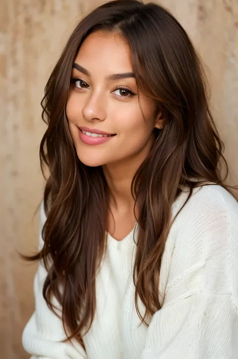 Arafed woman named (Alora) with long brown hair and a white sweater, radiantly smiling and captivating the gaze, portrayed perfectly by Olivia Peguero in a promotional picture. This beautifulbrunette, reminiscent of Madison Beer or Violet Myers with her dy...