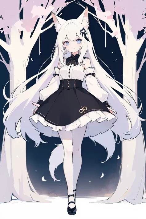 A girl with impressive white hair、Fox ears and tail、Hair Ornament、Black pantyhose、No sleeve、smile、cute shoes with accessories