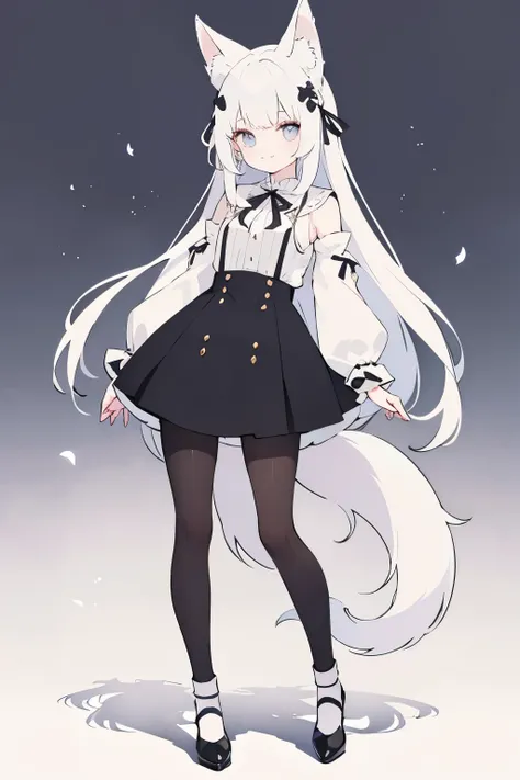 A girl with impressive white hair、Fox ears and tail、Hair Ornament、Black pantyhose、No sleeve、smile、cute shoes with accessories