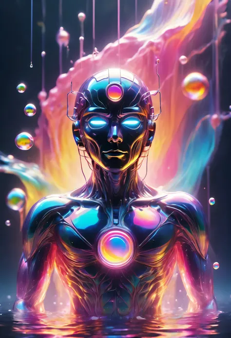 Portrait of colorful metal man emerging from water，neon gradient，vaporwave，（Laser colorful light waves），Metal refraction，many liquid bubbles、Colorful gradient geometric art and other elements，The collision of future elements and retro elements、recombinatio...