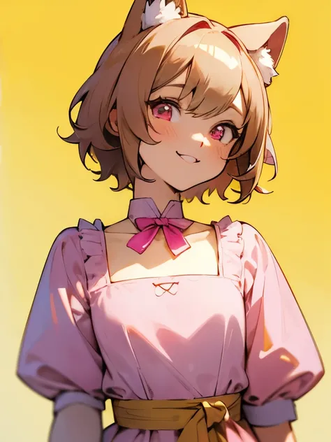 Perfect, masterpiece, anime girl, trap, femboy, cute femboy, kawaii, front facing, short hair, light hair, pink eyes, light pink eyes, blush, smiling, ,facing towards camera, looking forwards, looking at viewer, dog ears, dressed in yellow, vintage clothin...