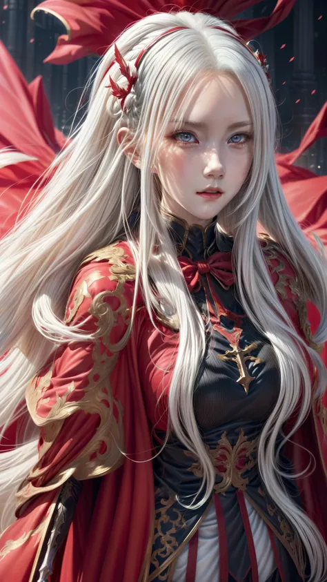 anime, a woman with long white hair and a red cape, white haired deity, detailed digital anime art, edelgard fire emblem, clean detailed anime art, detailed anime character art, detailed anime art, edelgard from fire emblem, detailed anime artwork, anime f...