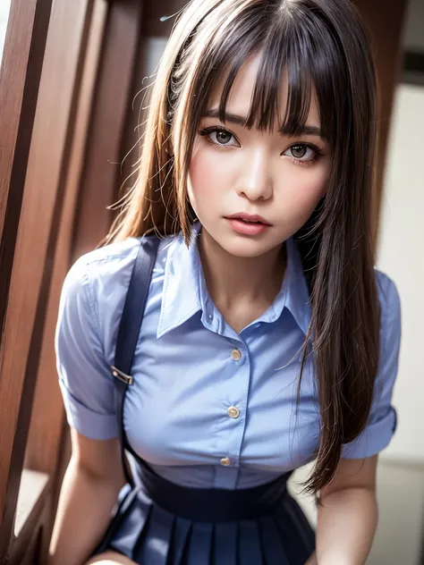 （highest quality，4k，masterpiece：1.2），beautiful woman，1 girl，sexy：1.1，dark yellow hair：1.1，woman in school uniform，drenched unifo...