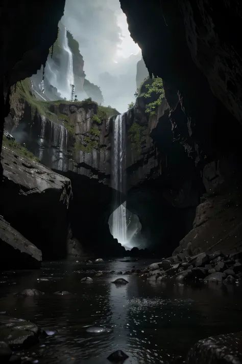 cave entry, waterfall, 4k,ultra-detailed,photorealistic, HDR, UHD, professional, concept artists, vivid colors, sharp focus, physically-based rendering, mystical, ancient, ominous, gloomy lighting