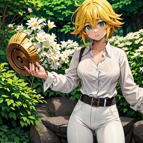 meliodas in female version with medium breasts, wears a white and black outfit, consisting of a white button-down shirt, um cole...