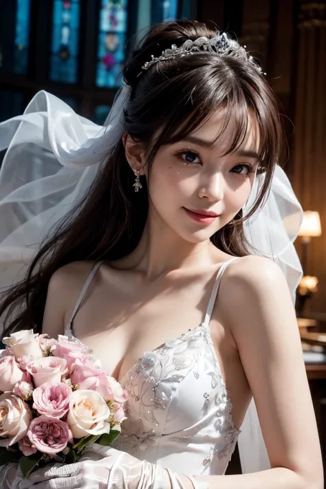 (8K, best quality, master piece: 1.2), ultra high resolution,extremely detailed,ultra-detailed face,detailed eyes,brown eyes,brown hair,messy bun hair,Flat bangs,BREAK,(petals:1.3),BREAK,(YUMI KATSURA wedding dress),A dress made of fabric that looks like i...