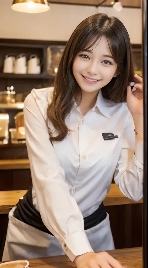 (Female clerk in café:1.4),Beautiful 16 year old woman,natural smile,