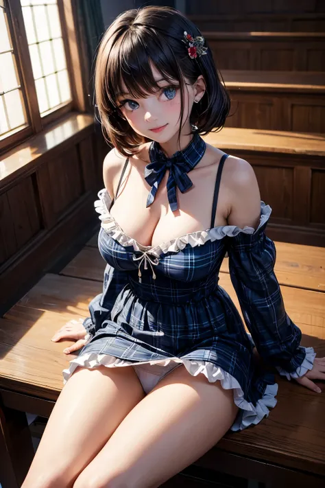 very cute and beautiful girl,(highly detailed beautiful face and eyes:1.2), (smile:1.2),blush,black hair,looking at viewer,(classic blue plaid lolita dress with detailed frills),detailed lace, sitting,spread legs,arms behind back,(white panties), altar,chu...