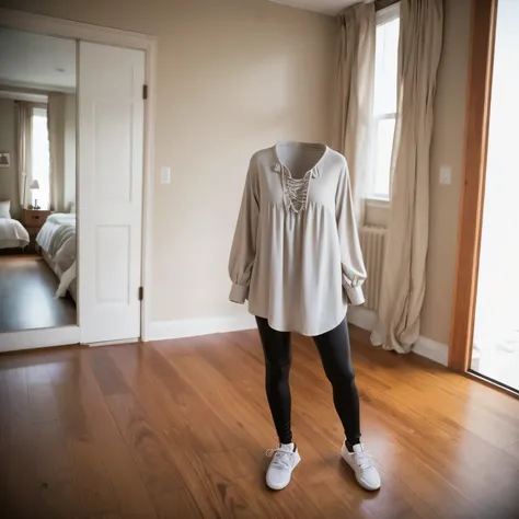 smock blouse, leggings, on floor, (invisible, no humans, headless, faceless:1.5), cute big breasts