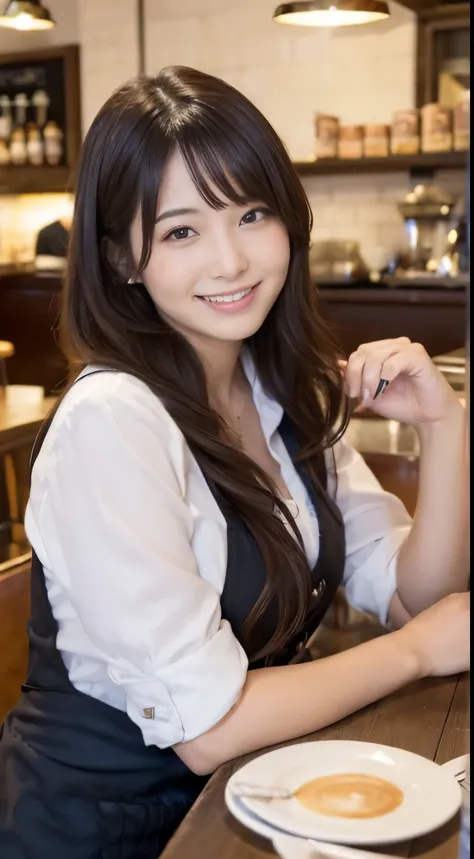 (Female clerk in café:1.4),Beautiful 19 year old woman,natural smile,big breasts、