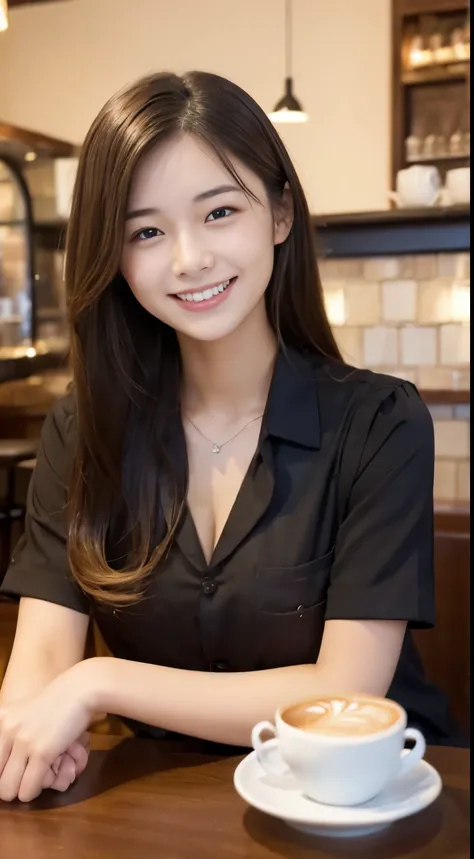 (Female clerk in café:1.4),Beautiful 19 year old woman,natural smile,medium chest、