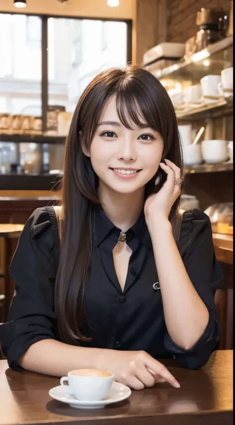 (Female clerk in café:1.4),Beautiful 19 year old woman,natural smile,medium chest、