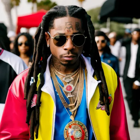 Lil Wayne. the leader of the YMCMB. the singer of "Love me" with colorful Los Angeles style clothes. he smokes a big cigar. he has sunglasses and tattoos on his body. he walks his dog. Higly detailed. UltraHD, 8k. Tatouage sur le visage