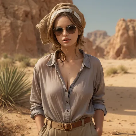 ((Best quality)), ((masterpiece)), ((realistic)), ((Best quality)), ((masterpiece)), ((realistic)), Girl walking in desert, looking tired, wearing Loose-fitting clothing Long-sleeved shirts and pants, Headgear, Sunglasses, very beautiful, in a natural and ...