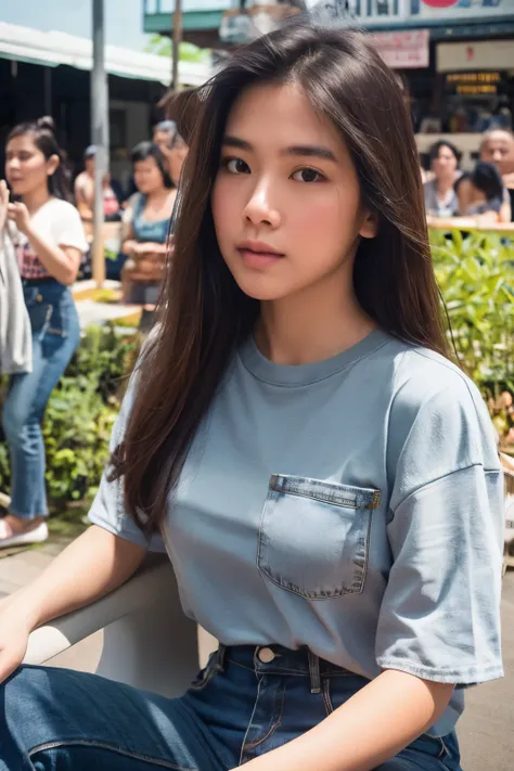 Thai Women, look at the audience, long hair, T-shirt , jeans, (Town rooftop), film grain, rim light, Upper body, close up shot, put one&#39;s hand in one&#39;s pocket