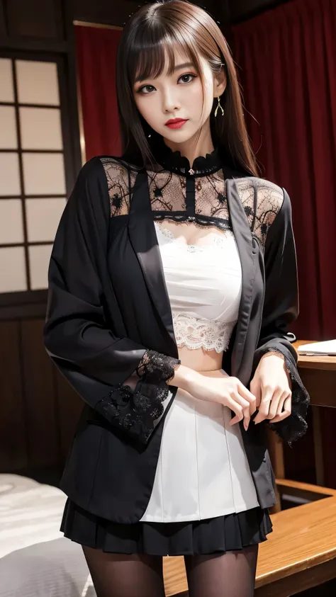 Super detailed、Japanese、charming beauty、seductive adult woman、Dainty woman、sharp eyes、cool girl、wavy hair、suit、Black chiffon、lacy fabric、wide sleeve、Jacket、white blouse、flare skirt、pantyhose、Shiny legs、evilの幹部、evil depravity、brainwashing、Mind control、lipst...