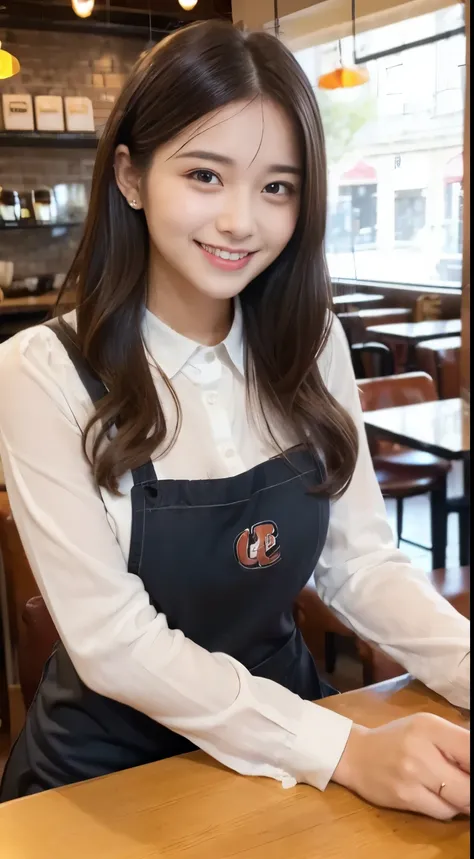 (Female clerk in café:1.4),Beautiful 19 year old woman,natural smile, 