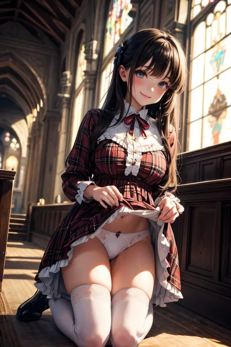 very cute and beautiful girl,(highly detailed beautiful face and eyes:1.2), (smile:1.2),blush,black hair,cowboy shot,looking at viewer,kneeling, (classic brown plaid lolita dress with detailed frills),detailed lace,(skirt lift,white panties), altar,church,...