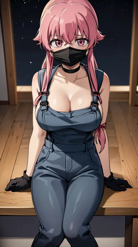 anime_still, masterpiece, best quality, 1girl, Gasai Yuno, long hair, pink hair, low twintails, sitting on a chair, old room,  (large breasts:1.5),1girl, black choker, dark grey, (overalls:1.25), leather gloves, black boots, ((nigth:1.5)), (black face mask...