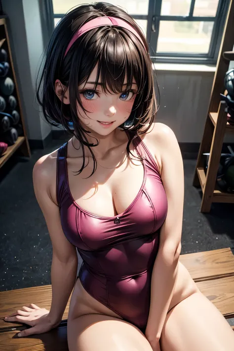 very cute and beautiful girl,(highly detailed beautiful face and eyes:1.2),(pink leotard:1.2),sleeveless,(laugh),blush, sitting on training mat in wooden gym,(spread legs:1.12),black hair,hair band,cowboy shot, (best quality,masterpiece:1.2),absurdres,high...