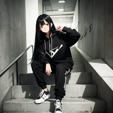 A beautiful and cute girl, Long black hair, black and white hoodie, trousers, sneakers, decent, tall, attitude, sit, stairs