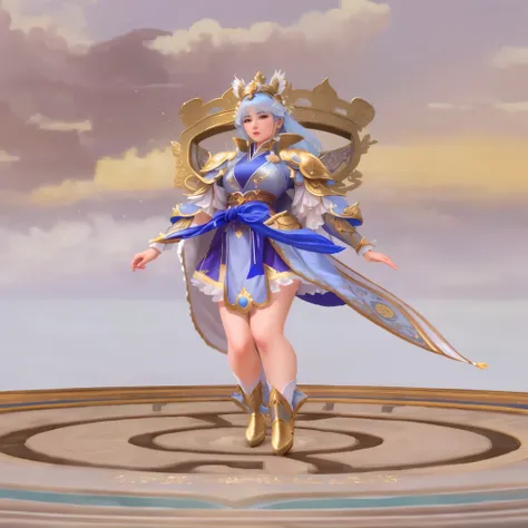 a close up of a woman in a blue dress on a circular platform, lunar themed attire, full body xianxia, ethereal vaporous tan skin, cotton cloud mage robes, gilded lotus princess, clothes themed on a peacock mage, cloud mage robes, sigma female, inspired by ...