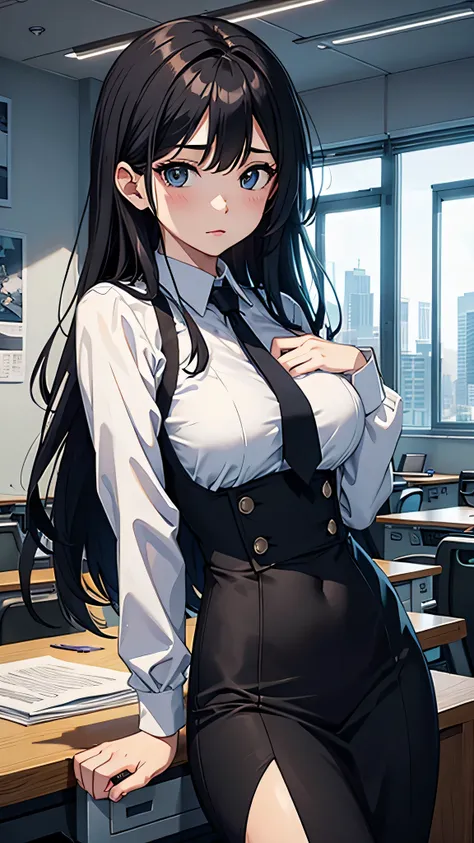 最high quality、best image quality、masterpiece、teenage girl((18-year-old、 By becoming、vest bust、medium bust,wide open breast tea、black eye, gray hair、long hair、thin,highest valley、Black Y-shirt、Black Recruit Suit)),high quality、beautiful art、background((comp...