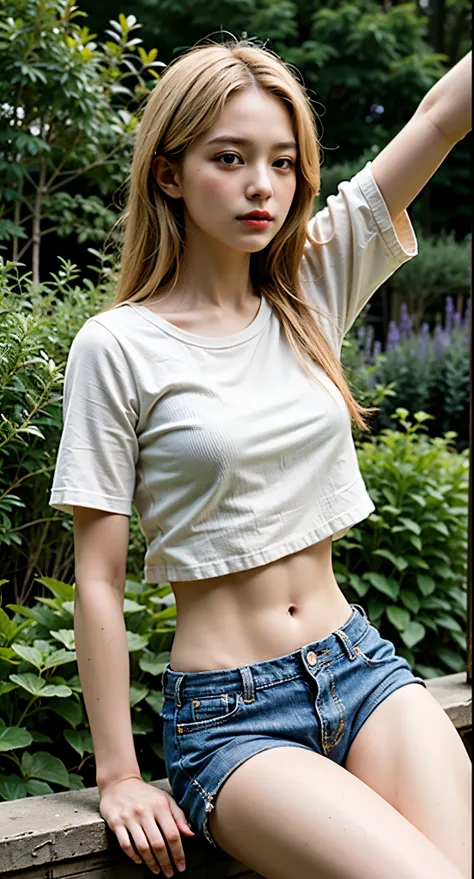 ((best quality)), ((masterpiece)), (detailed), perfect face, blonde hair wearing crop top shirt in the garden 