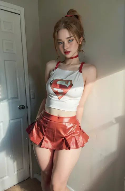 4k, realistic, charismatic, very detailed, there is a girl in the sky, dressed in a super girl costume, she is a super girl, sup...