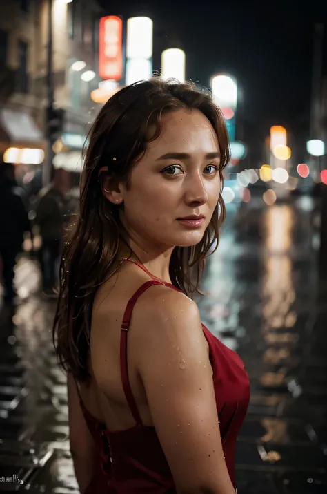 ((Jennifer Ehle)) dark blonde hair,Rough skin,from back,face focus,(looking at viewer:1.2),wet hair,dark,polaroid,(depth_of_field:1.5),rainy days,outdoors,street,hair between eyes,moody lighting,Tyndall effect,Cinematic Lighting,night,lamppost,lens flare,a...