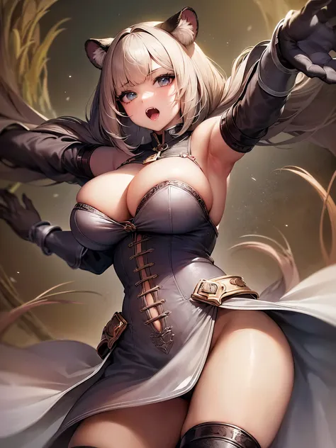 ((highest quality)),(ultra high resolution),(Super detailed),(detailed description),((best CG)),(best work of art),super precision art,great drawing art,(Fantasy art with precise details:1.5), (1 woman:1.5),（dog cosplay:1.5),(Dog Hand Gloves:1.5),Beautiful...