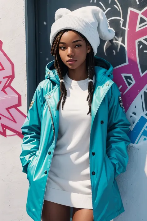 1 African American female,  medium complexion, with a sprinkle of freckles, giving her a touch of playful charm. Standing at 58, big breasts, urban style, Aria confidently posing in front of snow-covered graffiti, a stylish coat. https://image.cdn2.seaart....