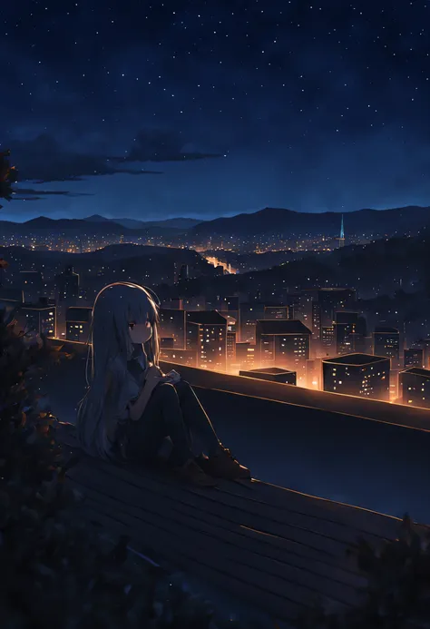 octane number, null, star (null), scenery, starry null, night, 1 girl, night null, alone, outdoor, building, cloud, milky way, sitting, wood, long hair, city, silhouette, cityscape　down to the last detail、surreal、
Also々It&#39;s very cute and cute、
Characte...