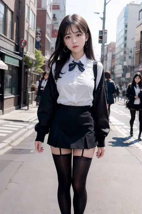 ((full body photo))、street snap、童顔でmicro mini skirt履いて((expensive))There is one woman of、(1 girl)、amazingly cute 、skinny fit uniform、Winter clothes、Japanese school blue uniform、((big breasts))、surreal、Wearing a dark blue uniform、Full body Esbian、nice skin、...