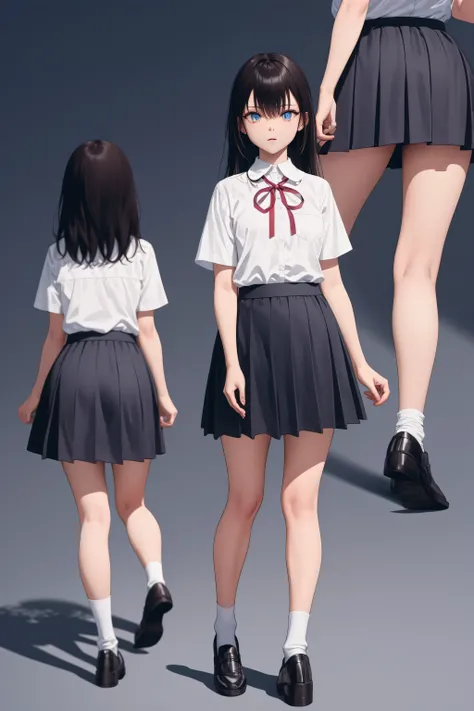 aanemesis, long hair, black hair, dark skin, tan,
BREAK ( skirt, shirt, ribbon, school uniform, white shirt, short sleeves, pleated skirt, shoes, socks, blue skirt, white socks, collared shirt, red ribbon:1.2), 
BREAK (multiple views:1.5),from behind,from_...