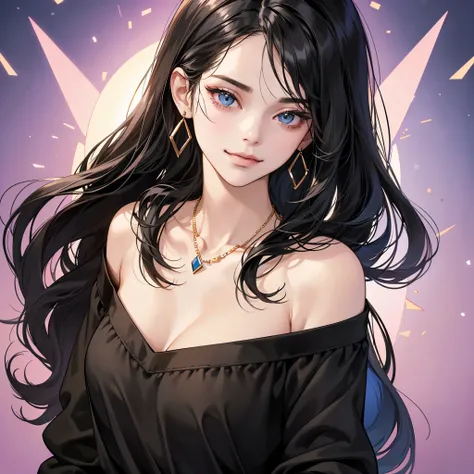 (table top, digital art, digital illustration, 4K, 8K, super detailed, beautiful images, clear image, realistic, RAW photo, perfect face, perfect lines, perfect eyes, soft lighting) ,1 female, (long black hair,Bullish gaze,beautiful woman,closed mouth,smir...